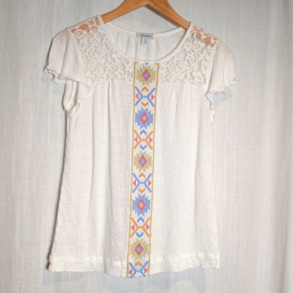 Sundance Linen Knit w/ Lace Southwest Embroidered White Cotton Top XS